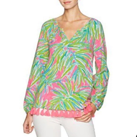 Lilly Pulitzer Tops - Lilly Pulitzer Linzy Tiki Fringe Pink Green Tastle Top XS